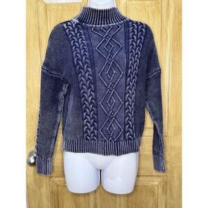 House of Harlow 1960 Thick Chunky Cable Knit Mock Neck Sweater Size S Denim Blue